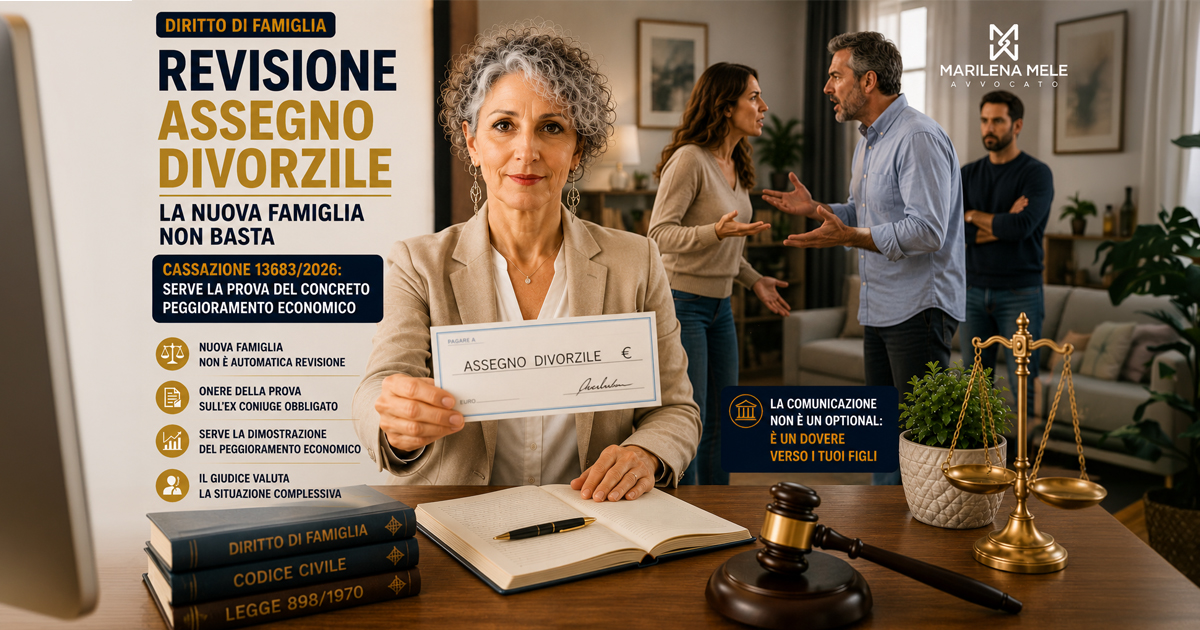 Nuova famiglia e assegno divorzile: quando può essere modificato? | Cassazione 13683/2026 Avvocato Bari - Marilena Mele